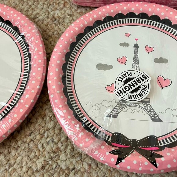 Paris Birthday Party tablewear 36 Napkins 16 Paper Plates Set Pink Eiffel Tower - Picture 3 of 7